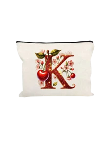 Witte make-uptas van polyestervezel, kleine witte tas, glanzend gouden kersenrode letters A-Z bedrukt patroon, make-uptas, draagbare toilettas, Moederdagcadeau, perfect cadeau voor moeders, herbruikbare make-uptas, eenvoudige grote capaciteit reismake-uptas voor vrouwen, oortelefoon, datakabel, accessoire-opslag, muntzak, multifunctioneel draagbaar cadeau voor vrouwen