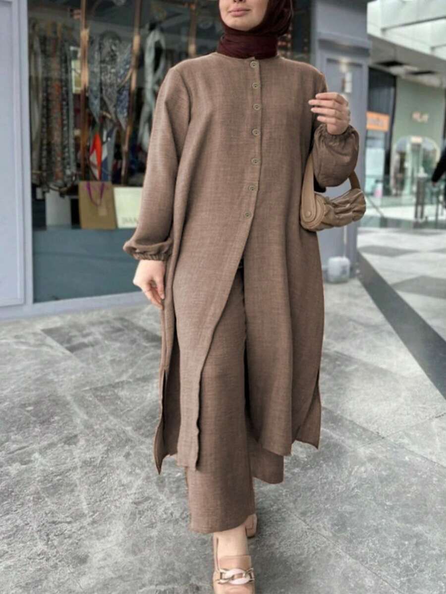 Plus Size Casual Lantern Sleeve Snap Button Side Slit Hem Women's Arabic Style Outfit Set,Modest
