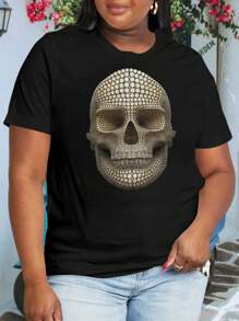 EXTRA - Plus Size Women's Surreal Abstract Circle Skull Oversize Women T-Shirt (Fantasy Pop Art Painting) - 黑色 - 查看 1