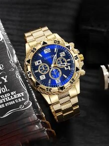 High-End Business Oversized Dial Triple Eye Steel Bracelet Watch, Blue Tinted Glass, Round Dial, Ideal Gift For Men