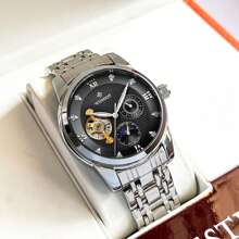 Classic High-End Stainless Steel Butterfly Buckle Men's Watch, Moon & Sun 24-Hour Subdial, Multifunction Hollow Automatic Mechanical Men's Watch, Fashion Rhinestone Luminous Roman Numeral Dial Men's Wristwatch