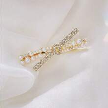 1 件装奢华珍珠十字发夹蝴蝶结发夹新款珍珠侧刘海夹甜美女孩发饰 - 白色 - 查看 7