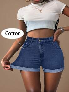 Women's Stretchy Plain Black Color Denim Shorts, Fashionable Slim Fit High Waist Jean Shorts, Casual Street Style, Summer Essential - Dark Wash - View 4