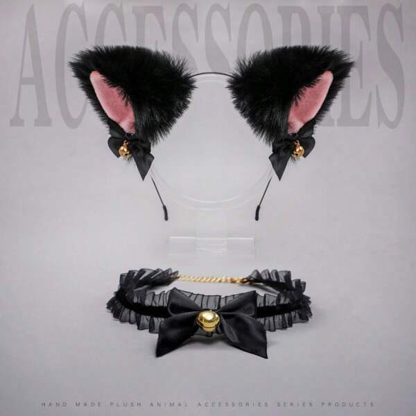 Handmade Cosplay Accessory Set - Fox Ears, Cat Ears Headband, Lace Bowknot , Bell Choker