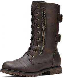 Women's Mid Calf Built-In Wallet Pocket Lace Up Combat Boots, Fashionable Combat Boots - Classic Brown - View 1