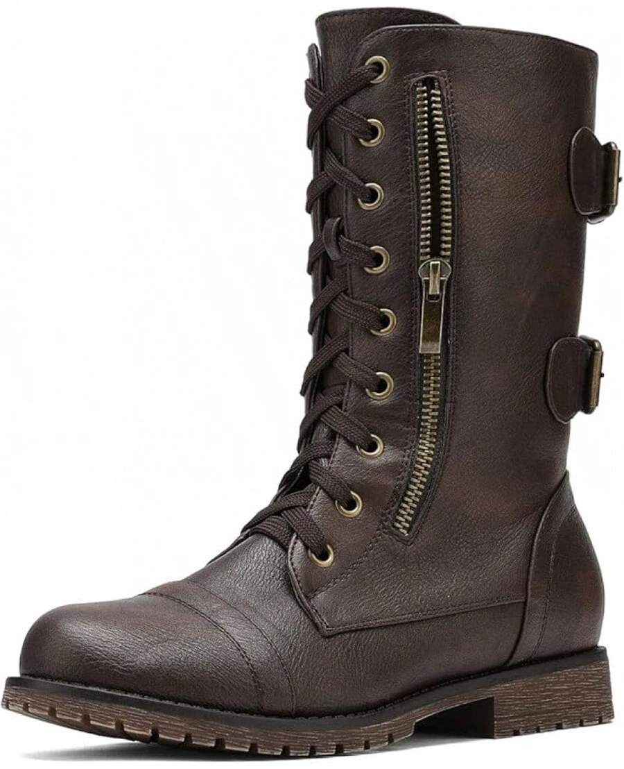 Women's Mid Calf Built-In Wallet Pocket Lace Up Combat Boots, Fashionable Combat Boots - Classic Brown - View 1