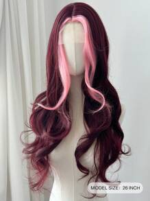 粉色高光假发 U-PART LACE 假发 女士长波浪假发 26 英寸 酒红色合成假发 - 酒紅色 - 查看 3