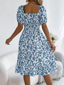 Women's Casual Vacation Elastic Drawstring Short Sleeve Ditsy Floral Dress, Spring/Summer