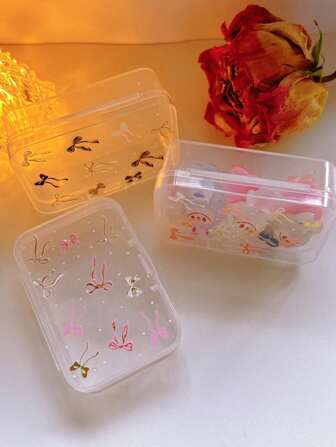 3PCS Multi-Functional Bow Pattern Storage Box For Collecting Small Items, Beads, Jewelry, Cards, Stickers And Other Crafts Portable Storage Box (Patterns Are Distributed Randomly)