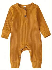Newborn Baby Boy Girl Knitted Rib Romper Infant One Piece Jumpsuit Cotton Solid Long Sleeve  Bodysuit Basic Coming Home Outfits - 芥末黃 - 查看 1