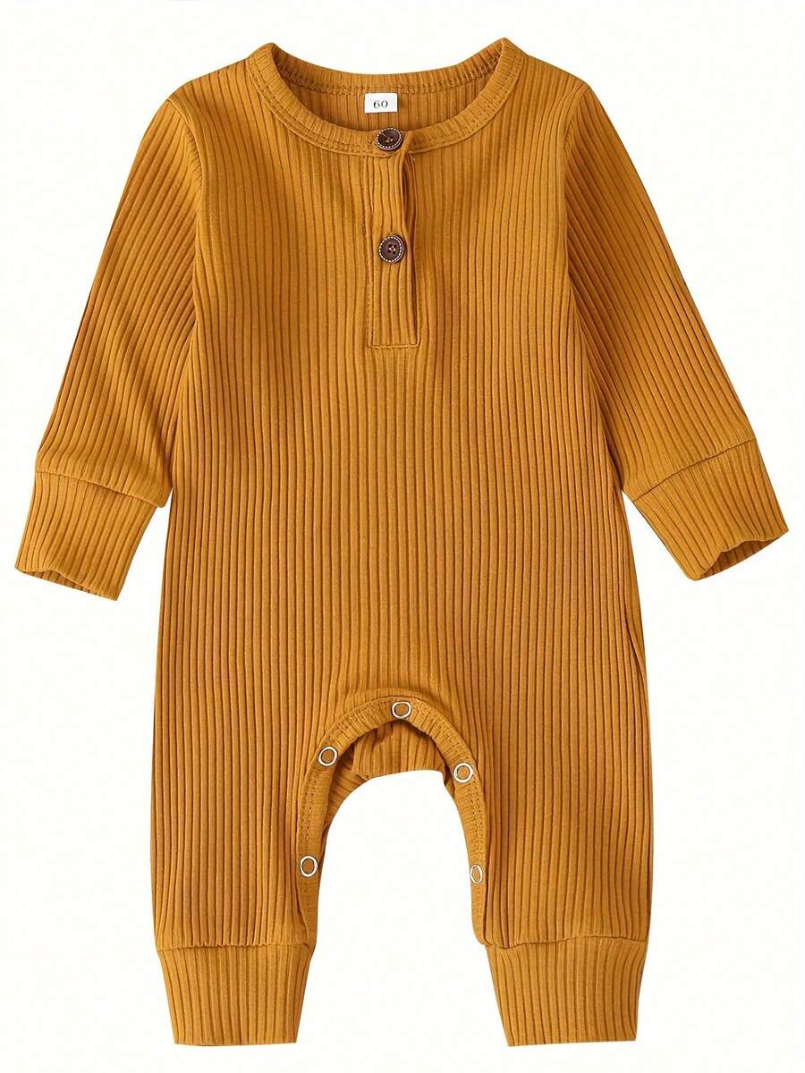 Newborn Baby Boy Girl Knitted Rib Romper Infant One Piece Jumpsuit Cotton Solid Long Sleeve  Bodysuit Basic Coming Home Outfits - 芥末黃 - 查看 1