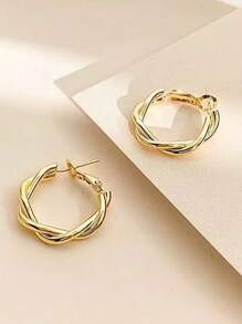 2pcs Gold Twist Geometry Hoop Earrings, Elegant Luxury Fashion Earrings For Women