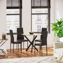 Round Dining Table, 90 Cm Glass Table Top With Black Stylish Stable Table Legs,Kitchen Table - Black - View 6