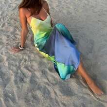 Women's Summer Cami Long Dress Gradient Color Spaghetti Strap V-Neck Backless Beach Party Dress - Blue - View 5