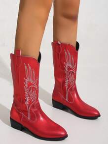 Women's New American Vintage Embroidered Canvas Pointed-Toe Western Boots, Passionate Red Glitter Canvas Cool Fashion High Boots, High Heel Chunky Heel Riding Boots, Fashionable Punk Style Chelsea Boots