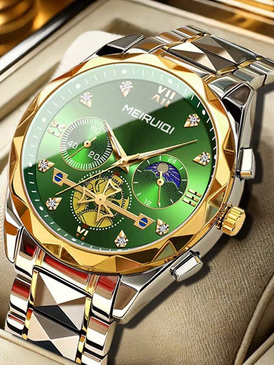 1 reloj de pulsera de cuarzo multifuncional con correa de acero en tono dorado para hombre, con diamantes luminosos, informal y de negocios