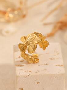 COINBUFF Anillo abierto de acero inoxidable elegante y con estilo con diseño floral
