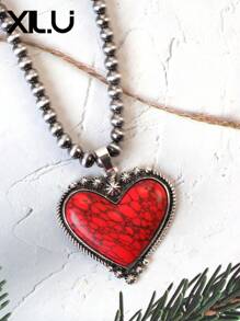 1 set de collar con colgante y aretes de estilo retro y país del oeste antiguo con diseño exagerado de color turquesa al estilo del Día de San Valentín para mujeres