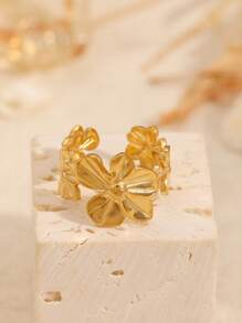 COINBUFF Anillo abierto de acero inoxidable elegante y con estilo con diseño floral