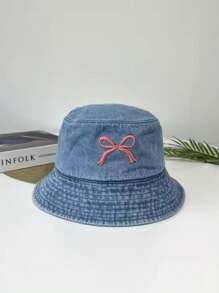 渔夫帽，春夏同款蝴蝶刺绣遮阳牛仔渔夫帽，磨边牛仔帽，纯色牛仔帽，牛仔帽，牛仔渔夫帽，韩版复古渐变色渔夫帽 - 牛仔蝴蝶結漁夫帽 - 查看 3