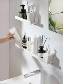 1pc/2pcs Space-Saving Acrylic Bathroom Organizer Racks, Extendable Storage Shelf, Wall-Mounted, No Drilling Required, Thick Adhesive Backing, Suitable For Toiletries And Accessories, White Bathroom Storage And Display Rack