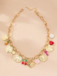 1pc Handmade Assorted Enameled Heart Locket, Cherry Clock, Chilli, Ceramic Charm Stacked Necklace For Women