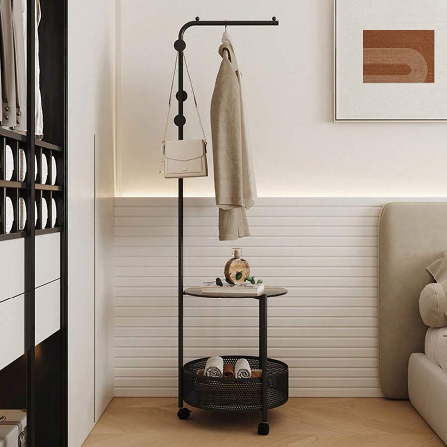 Metal Coat Rack Freestanding, Coat Tree With Side Table Basket And Wheels For Jackets, Suits, Dress Shirts, Dresse , Modern Clothes Rack For Entryway, Living Room,Bedroom, Office - Black - View 1