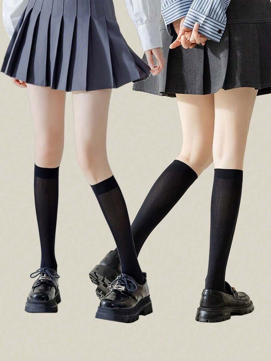 2双装黑色薄款中筒袜，JK风格显瘦长筒袜，天鹅绒过膝袜，日系时尚过膝袜 - 黑色 - 查看 1