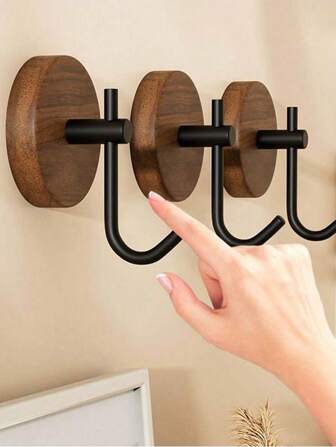 4/3/2/1PC Walnut Door Hook Bathroom Towel Rack Creative Coat Hook (With Adhesive Backing, No Punching Required) Single Wall Hook For Hanging Clothes Nordic Bathroom Coat Hook, No Punching Required, Solid Wood (Please Note: Only Suitable For Bathroom Daily Necessities, Do Not Hang Heavy Items, Otherwise It Will Fall Off)