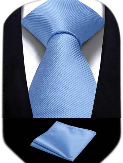 Men's Light Blue 3.15 Inch Necktie And Pocket Square Set, Solid Color Business Wedding Tie And Handkerchief Set