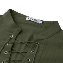 Men's Long Sleeve Medieval Style Drawstring Linen Shirt, Viking Costume - Army Green - View 6