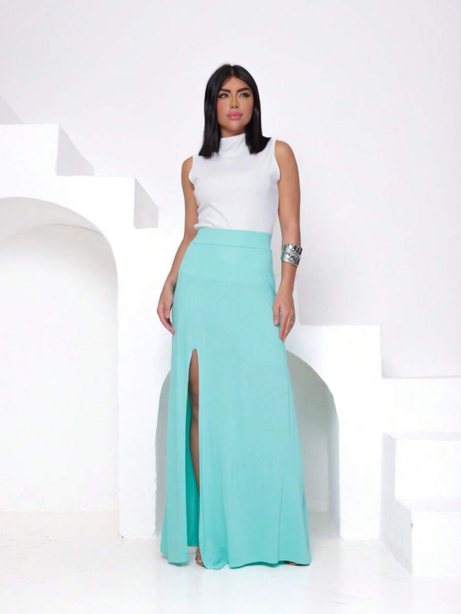 Women's Long Skirt With Slit Elegant/Comfortable Light Fabric Summer !! Viscolycra! - 薄荷綠 - 查看 1