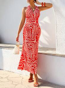 AIJ Amarilo Women's Seaside Vacation Low V-Neck Red Print Mermaid Dress With Cross-Backless Design(Random Printing) - Red - View 5