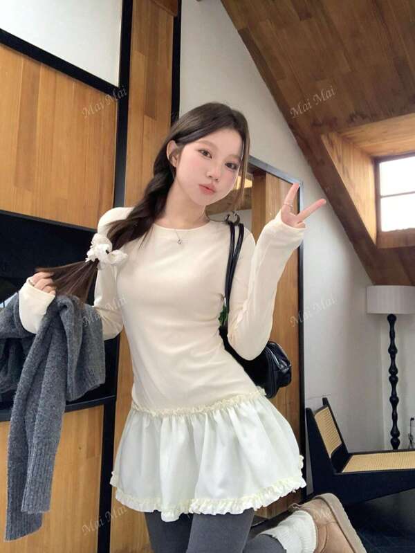 芭蕾风格蕾丝下摆长袖T恤小众设计修身内搭打底衫