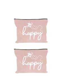 Make-uptas met opdruk van de letters "Happy" en een klein bijenpatroon - lichtgewicht en geurloze reistas van polyester, geschikt voor natuurliefhebbers en vrouwen, leuke multifunctionele canvas tas in cartoonstijl, perfect cadeau voor tieners, verjaardags- en reisaccessoires, vakantiecadeaus, boho-sfeer, voor strandvakanties, badkamercollectie, slaapkamercollectie, grote capaciteit