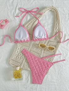 Conjunto de bikini de tirantes finos y escote de halter liso para playa de verano