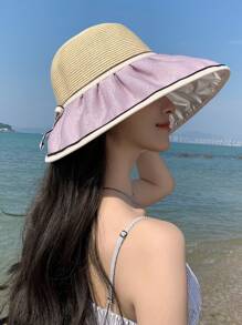 1pc Women's Spring/Summer New Plain Color Crystal Bow Splice Raffia Straw Hat, Fashion Versatile Lightweight Breathable Wind-Resistant Sun-Shading Hat For Outdoor Travel, Vacation, Sun Protection, Wide Brim, Suitable For Daily Use - Solid Color - View 14