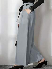 Women's Casual And Fashionable Solid Color Pleated Contrasting Lace-Up Elegant Versatile And Elegant Wide-Leg Trousers - Light Grey - View 4