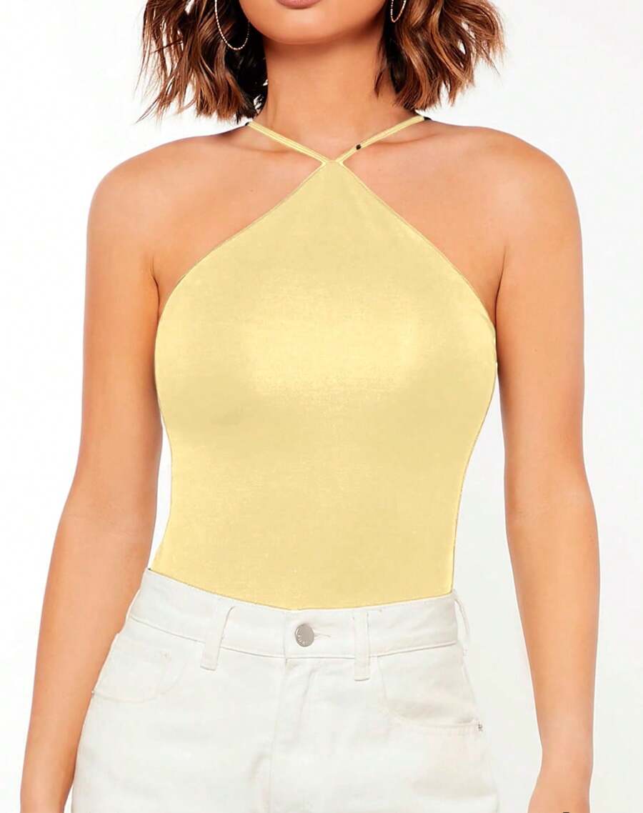 Solid Fitted Cami Top, Going Out Top, Strappy A-Line Blouse, Fashion Blogger - Yellow - View 1