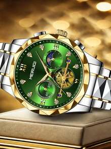 1 reloj de pulsera de cuarzo multifuncional con correa de acero en tono dorado para hombre, con diamantes luminosos, informal y de negocios