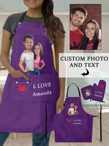 Customized 3-Piece Kitchen Apron Set, Personalized Couple Portrait Apron, Heat Resistant Gloves, Heat Resistant Pad. Suitable For Cooking, Industrial Production, Household Chores, Outdoor Grilling. Hand Or Machine Washable. Multiple Colors Available. Perfect Gift For Her/Him On Birthday, Anniversary, Christmas