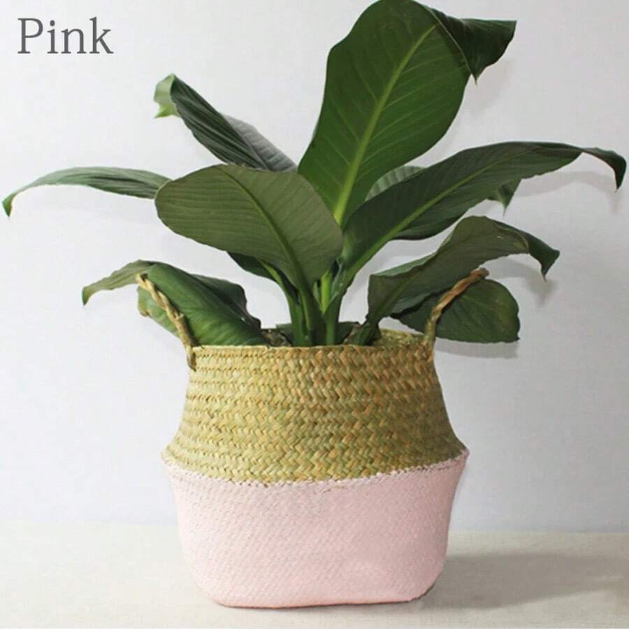 Maceta de flores de paja trenzada, cesta de almacenamiento de plantas, contenedor de plantas para interior y exterior - Beis - Ver 1