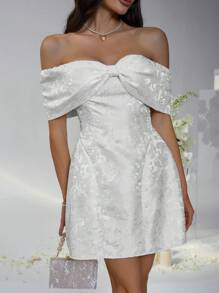 Ladies Bowknot, Off The Shoulder, Waist Cinched, Wedding Party Dress, Wedding Guest Dress - trắng - Xem 10