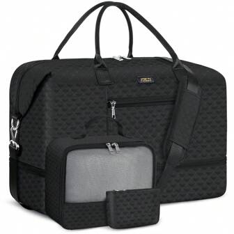 3PCS Travel Bag Set, Large Capacity Carry-On Travel Bag, Underwear Storage Bag, Lightweight Travel Duffel Bag, Portable Quilted Travel & Gym Storage Bag, Suitable For Back To School (Black, Beige) Holiday Essentials Holiday Travel Essentials Travel Accessories Graduation