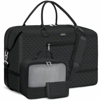 3PCS Travel Bag Set, Large Capacity Carry-On Travel Bag, Underwear Storage Bag, Lightweight Travel Duffel Bag, Portable Quilted Travel & Gym Storage Bag, Suitable For Back To School (Black, Beige) Holiday Essentials Holiday Travel Essentials Travel Accessories Graduation