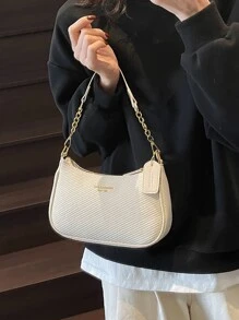 这款时尚、经典、百搭的字母图案设计纯色PU防水材质新月形肩包/腋下包，适合购物，也可斜挎。 - 米色 - 查看 3