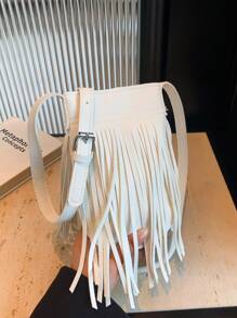 Mini Fashionable Casual Minimalist Large Capacity Fringe Decor Bucket Shoulder Bag - White - View 7