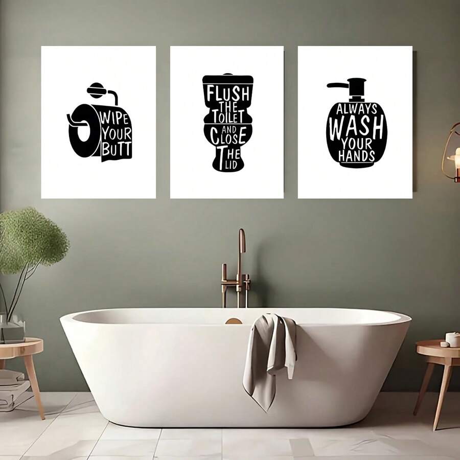 3 lienzos pintados y carteles para el baño, listos para colgar, arte con lemas recordatorios para el baño y el inodoro, decoración del hogar, arte de pared, decoración de habitación, arte de pared del hogar, impresiones de alta definición, regalo ideal - Material de lienzo (enmarcado)