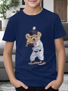 1 pieza Camiseta de béisbol de manga corta con estampado de oso para niño preadolescente, apta para el verano