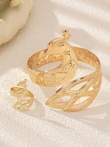 2 件时尚个性化夸张孔雀手链和戒指套装，适合女性派对佩戴 - 金黃色 - 查看 2